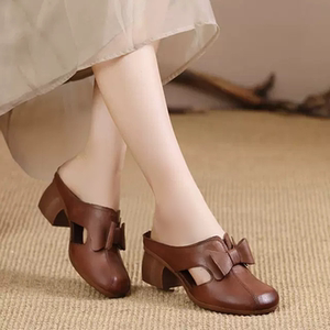 包头半拖鞋女粗跟2025春夏新款复古真皮凉拖中跟气质外穿时尚凉鞋
