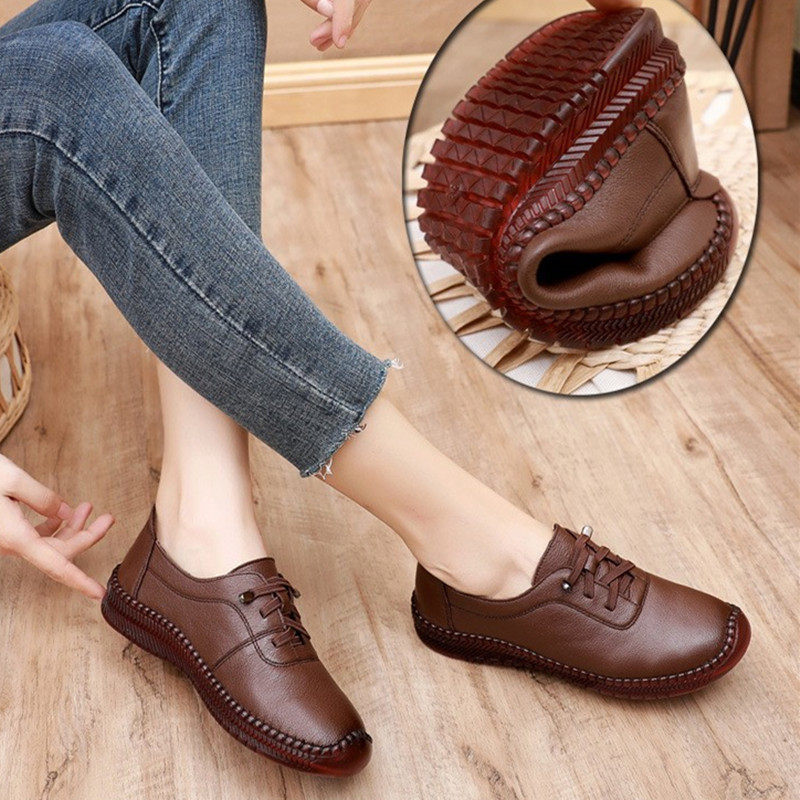 春秋款中老年妈妈鞋真皮软底休闲舒适女单鞋牛筋底老人皮鞋平底