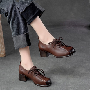 粗跟单鞋女2026春秋新款真皮复古女鞋英伦风系带软底休闲小皮鞋