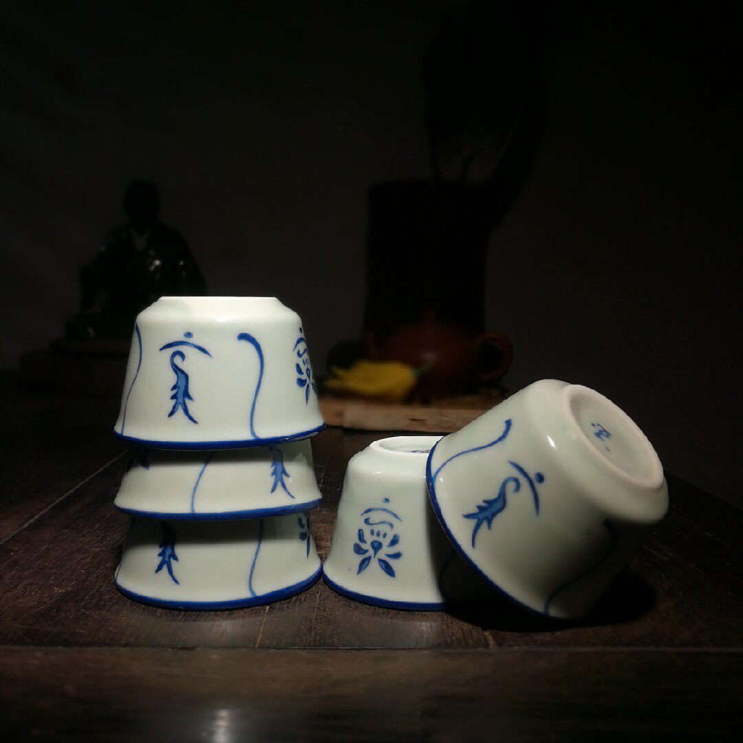 老窑陶器陶制茶杯子品茗杯手工文房茶道茶具玉字青花瓷器禅意包邮