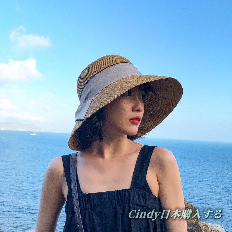 日本代购GP草帽女夏季可折叠沙滩出游遮阳帽蝴蝶结渔夫帽太阳帽