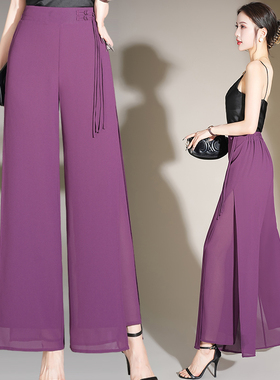 白色阔腿裤女夏薄款高腰宽松国风开叉直筒长裤高个子垂感雪纺舞裤