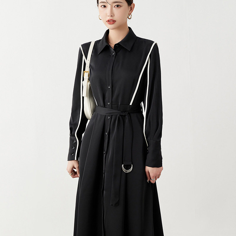 文艺复古修身系带明线连衣裙小众设计师春装新款精品女装高腰港风