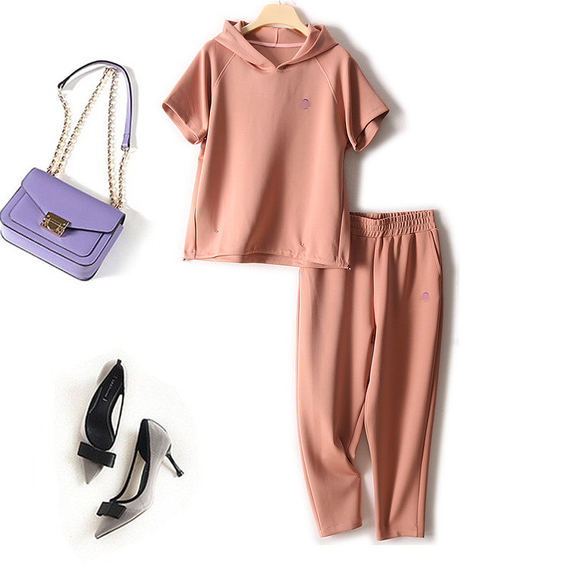 반팔 후드 티셔츠 9부 팬츠 에어 코튼 신축성 편안한 여름 얇은 패션 정장 여성 투피스 세트
