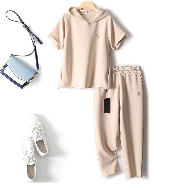 반팔 후드 티셔츠 9부 팬츠 에어 코튼 신축성 편안한 여름 얇은 패션 정장 여성 투피스 세트