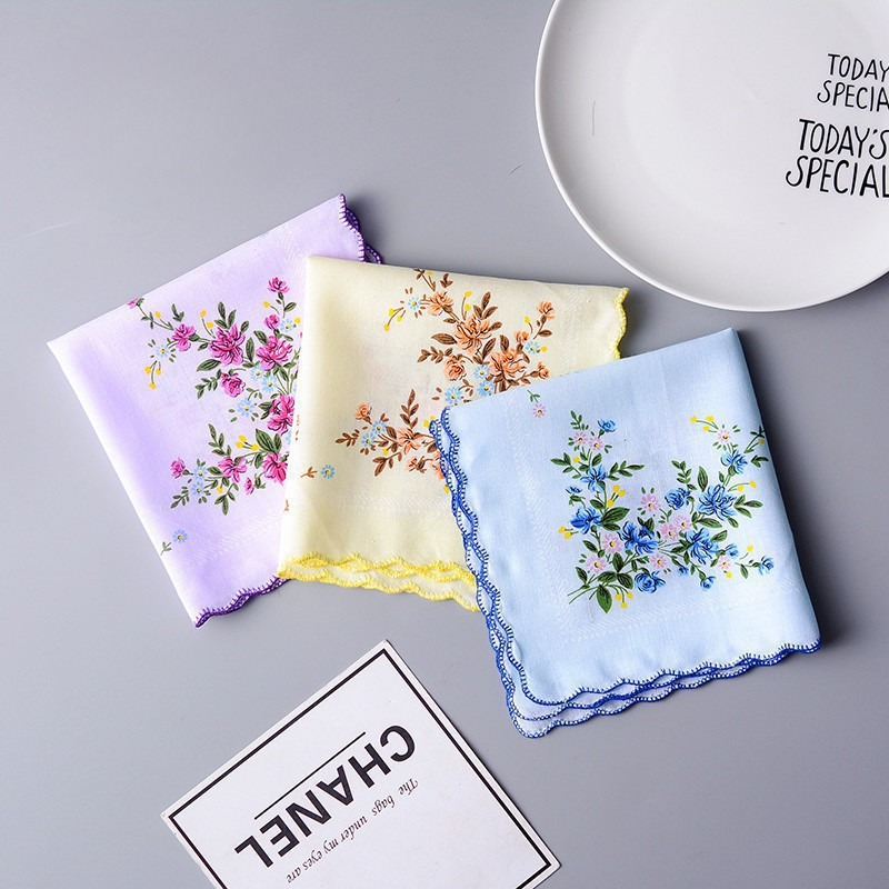 全棉印花手帕女士月牙边复古吸汗