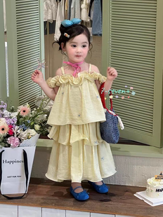 2026夏新款女童公主裙木耳边吊带上衣裙子时髦套装实体正版7seven