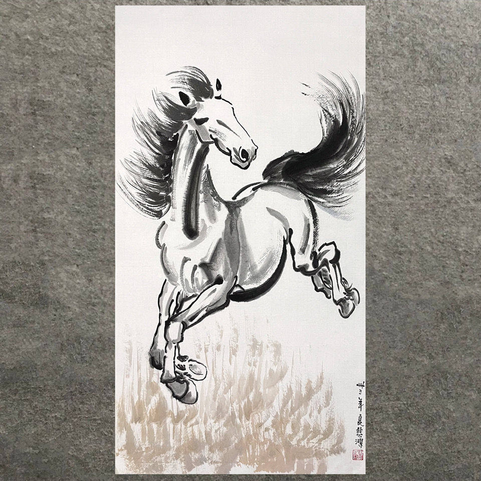 临摹徐悲鸿字画手绘三尺竖幅写意奔马名人国画古董收藏装饰送礼赠