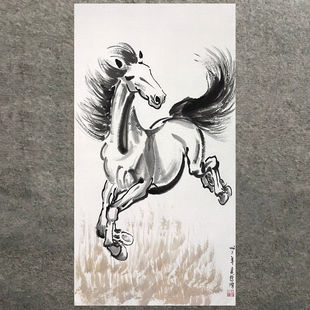 临摹徐悲鸿字画手绘三尺竖幅写意奔马名人国画古董收藏装饰送礼赠