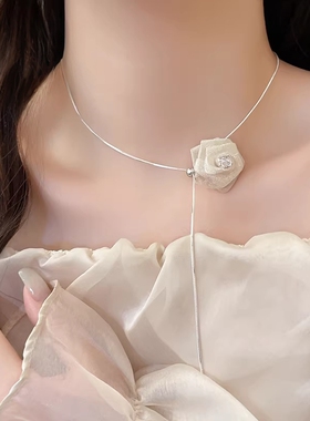 法式网纱玫瑰吊坠可调锁骨链