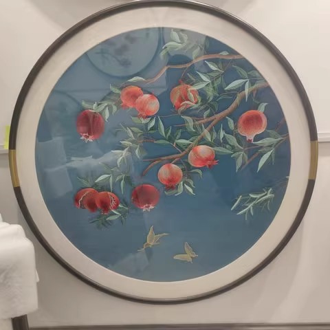 苏州刺绣机绣仿手工石榴圆形实木外框玄关走廊装饰画挂画礼品成品图片