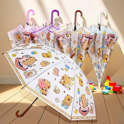 卡皮巴拉学生儿童雨伞可爱卡通长柄高颜值半自动透明清新加厚水豚