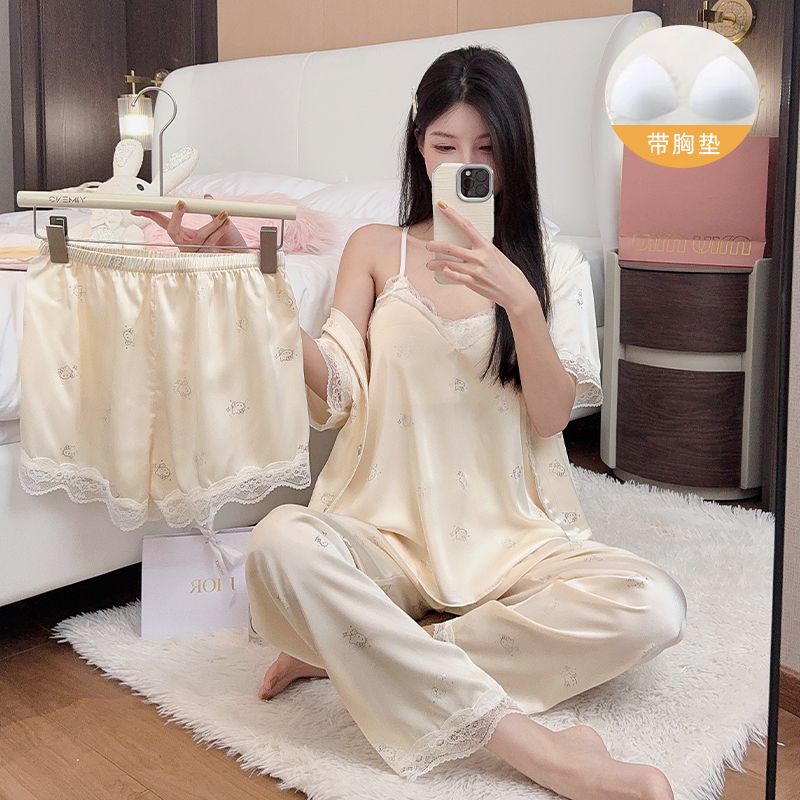 夏季冰丝凉感带胸垫女睡衣四件套