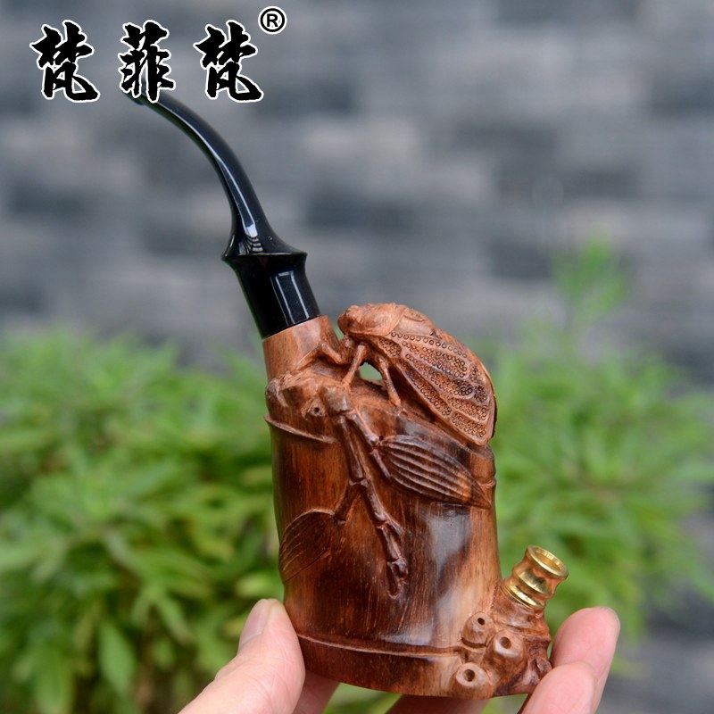 梵菲梵 海南黄花梨知足常乐烟斗海黄木竹子手把件一鸣惊人雕件