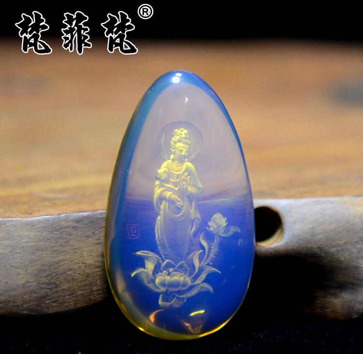 梵菲梵 墨西哥蓝珀吊坠阴雕莲花观音菩萨保真纯天然净水琥珀水滴