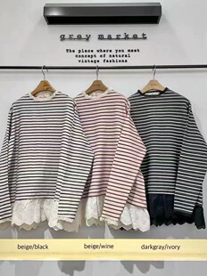韩国Greymarket(现货) 蝴蝶结家蕾丝边厚T恤打底衫
