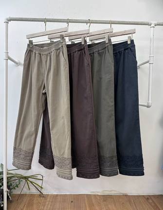 韩国2storyginy松紧腰拼接蕾丝边加绒棉裤