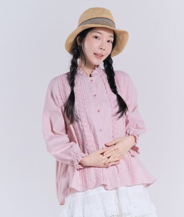 韩国2 story giny(现货)森系蕾丝小立领花边纯棉衬衫