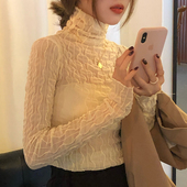 上衣网纱小衫 高领打底蕾丝衫 女秋冬洋气内搭新款 堆堆领蕾丝打底衫