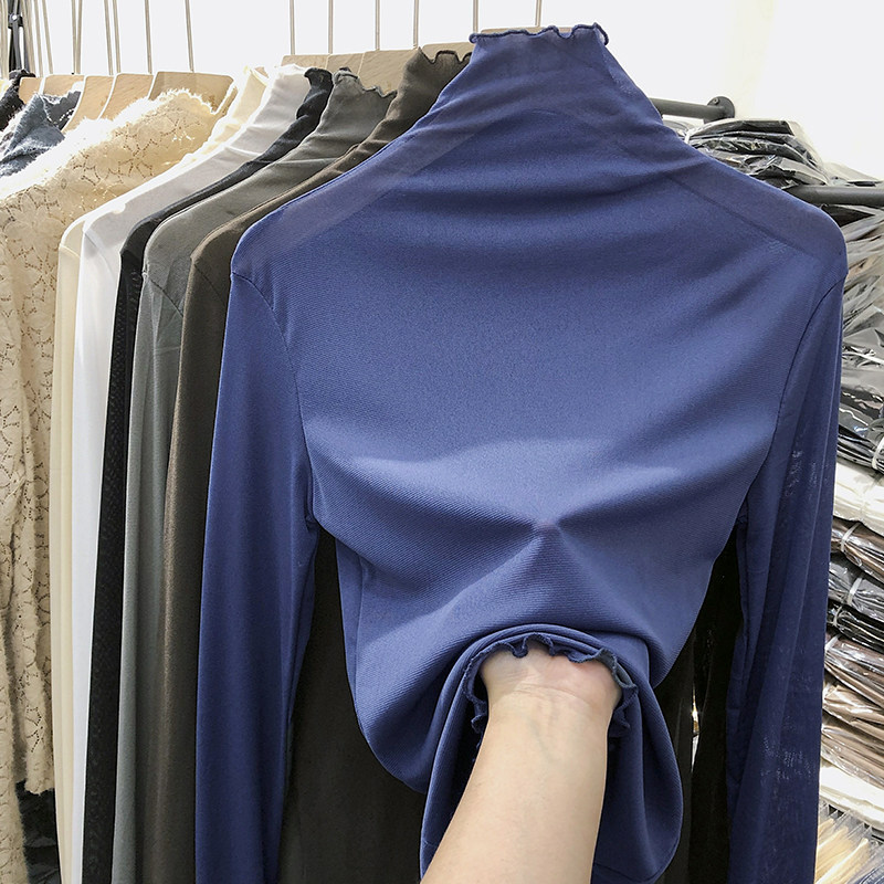 网纱半高领打底衫女长袖2025春秋内搭洋气T恤百搭宽松蓝色上衣潮,女装/女士精品,蕾丝衫/雪纺衫,淘宝优惠券,粉丝福利购,淘宝优惠卷