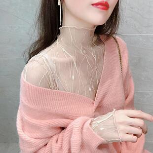 洋气薄款 毛衣内搭薄纱衣半高领网纱上衣 女春秋长袖 白色蕾丝打底衫