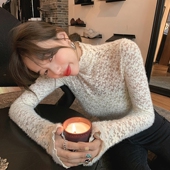 小衫 洋气镂空网纱别致上衣长袖 女内搭春秋季 半高领磨毛蕾丝打底衫