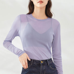 t恤女夏季 薄款 新款 糖果色网纱打底衫 内搭上衣潮 防晒罩衫 冰丝长袖