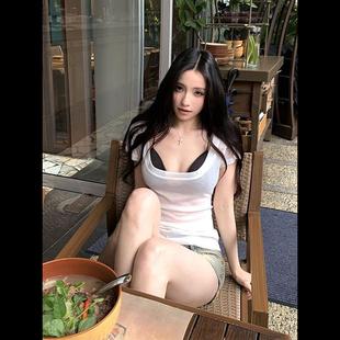辣妹方领短袖 薄款 美式 T恤女夏季 白色上衣ins 修身 显瘦沙滩防晒罩衫