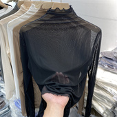 内搭上衣打底衫 T恤女2025年春夏新款 透视网纱长袖 堆堆领性感薄款