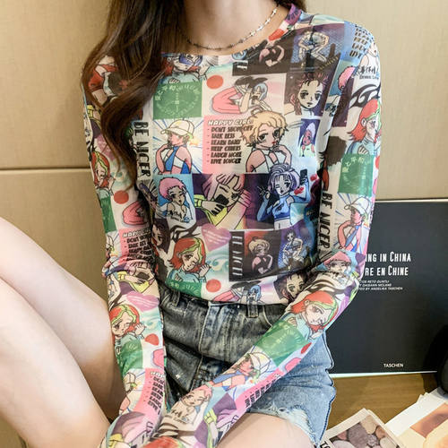 漫画防晒打底衫女夏季薄款冰丝长袖罩衫洋气卡通印花网纱T恤上衣 - 封面