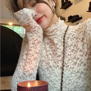 纯欲镂空蕾丝打底衫 潮 女秋冬设计感小众内搭高领洋气长袖 别致小衫