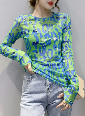 绿色t恤女夏季设计感小众2025年新款宽松显瘦网纱薄款印花防晒衣