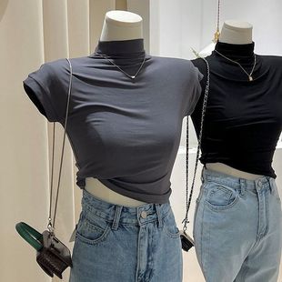 上衣 半高领t恤女紧身显胸大 简约气质高级感设计感短款 打底衫 短袖