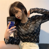 上女潮 T恤内搭打底衫 欧货韩国韩版 宽松字母弹力半透超软网纱长袖