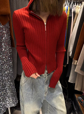 2026早春新款BF.SUDDEN WEALTH韩版双头拉链帽衫针织开衫坑条毛衣