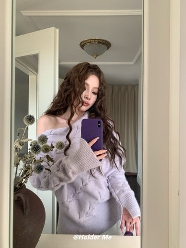 慵懒风宽松斜肩针织衫毛衣女