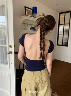 2025夏季HOLDER新款韩系辣妹显瘦性感大露背tee短袖T恤修身上衣女