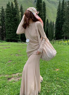 2025早秋装ALLIN韩版气质简约宽松圆领修身长袖T恤休闲百搭上衣女