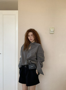 ALL IN新品2026早春款韩版设计感领结长袖衬衫衬衣宽松灰绿色上衣