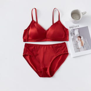 本命红品文胸真丝内衣套装 三角杯文胸无痕胸罩胸衣 性感桑蚕丝法式