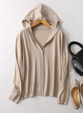 连帽针织开衫真丝羊绒混纺宽松卫衣女长袖毛衣薄款黑色弹力针织衫