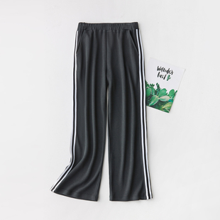 条纹阔腿休闲裤 真丝高腰显瘦直筒裤 卫裤 运动长裤 子桑蚕丝宽腿裤