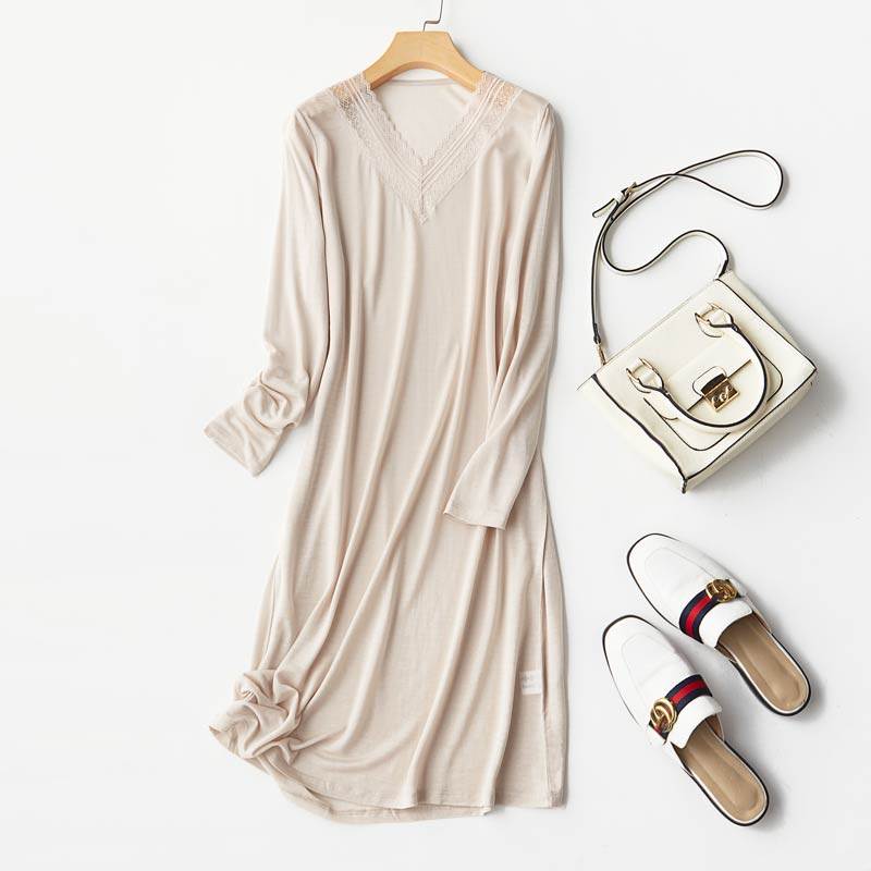 真丝长袖睡裙大码宽松家居服可外穿蕾丝边v领衬裙女春秋长款睡衣