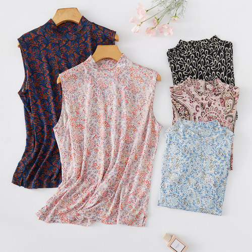 出口日本印花真丝半高领背心女桑蚕丝针织弹力修身无袖打底衫小衫