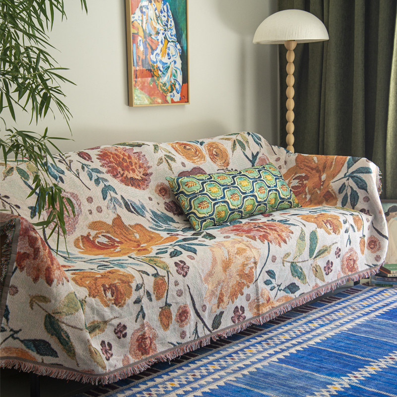 法式花朵大尺寸沙发盖布防猫抓露营毯桌布油画风单人沙发巾椅子毯