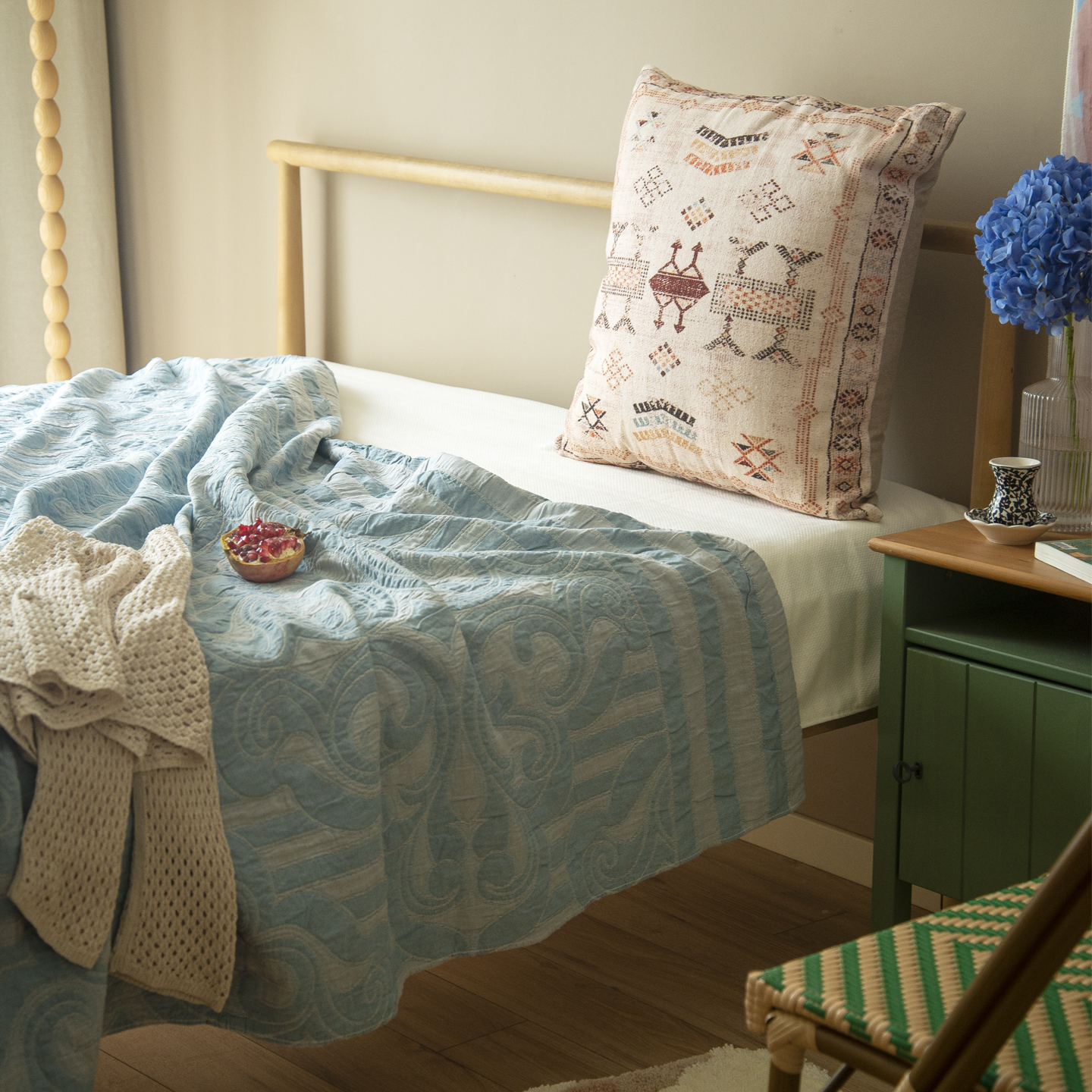 哈萨克风a类纯棉纱布盖毯子双面1.8米床床单不皱厚蓝色中古风床盖