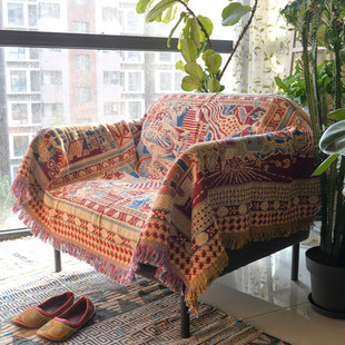 美式 复古单人沙发毯纯棉加厚针织毯外贸民族风床尾毯盖布民宿桌布