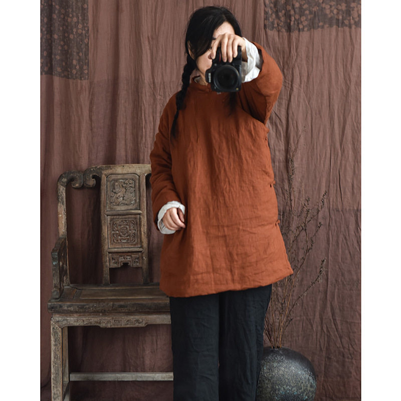 秋冬亚麻禅意袍子新中式立领盘扣中长款女棉衣复古禅意外套茶服