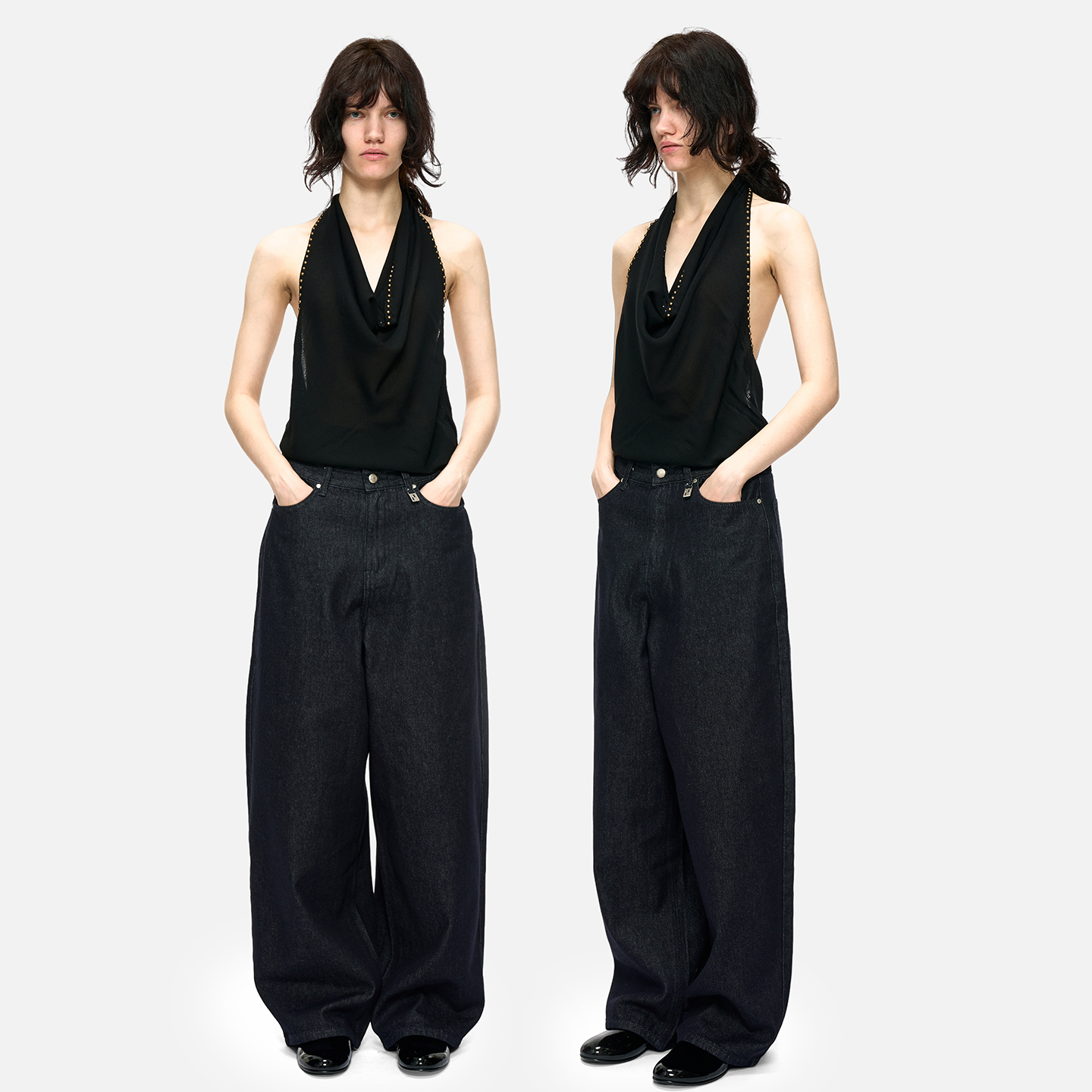 小众设计铆钉挂脖露背黑色吊带女