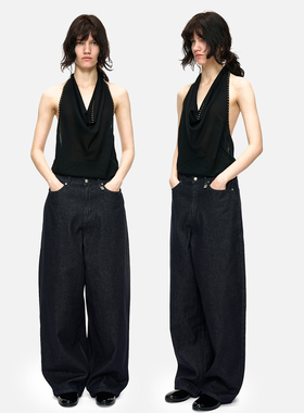 no info 2026早春新款度假系铆钉挂脖露背荡领上衣背心 黑色女